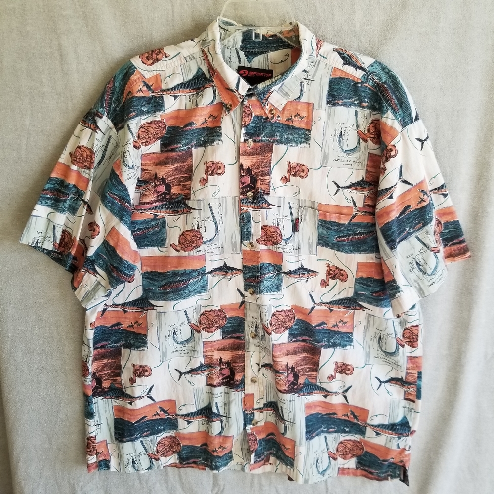 SPORTIF USA Men's XL Shirt Deep Sea Fishing Short Sleeve Button‎ Up Fish Hook